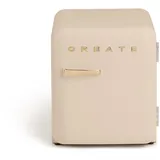 CREATE / RETRO FRIDGE 50 GOLD/Kühlschrank in Sand, Griff Gold / 85W, Minibar, eine Regalfläche, Retro-Design, 50cm, zwei Ablagen, 48L Fassungsvermögen, energiesparend, 50x44x49,8cm