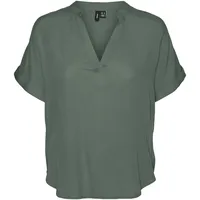 Vero Moda Damen Top Casual Splitneck umgeschlagene Ärmelbündchen Bluse Kurzarm, Farben:Grün-2, Größe:M