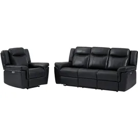 vente-unique Couchgarnitur Leder mit elektrischer Relaxfunktion 3+1 - Schwarz - KENNETH