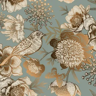 ReWallpaper 44.5CM X 7M Fototapete Blumen Vintage Selbstklebende Tapete Grün Gold Blumentapete Selbstklebend Tapete Türkis Gold Mit Vögeln und Blumen Klebe Tapete Wand Klebefolie Möbel Muster Folie