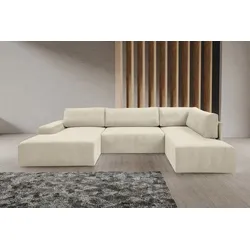Wohnlandschaft WERK2 "Hugo-U U-Form", beige (natur), B:329cm H:85cm T:195cm, 90% Polyester, 10% Nylon, Sofas, Design Wohnlandschaft in Cord mit Schlaffunktion & Bettkasten