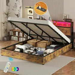 Merax 180*200cm Flachbett, farbwechselnde LED-Umgebungsbeleuchtung, 24-Tasten-Fernbedienung, großer Stauraum im Bettkasten, braun