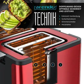 Arendo Toaster 4 kurze Schlitze, für 4 Scheiben, 1750 W, Toaster, Rot