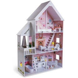 TikTakToo Puppenhaus Puppenstube Traum Villa Set aus Holz, (komplett eingerichtet, mit Balkon Terrasse, 16-tlg., mit 15-teiliges Möbel- und Zubehör-Set), aus MDF-Holz, für Puppen bis 29 cm geeignet weiß
