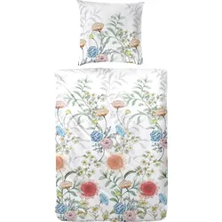 Primera Bettwäsche »Mako-Satin-Bettwäsche Gartenparty«, mit übereinanderliegenden floralen Mustern Primera altweiß/grün/blau/rot B/L: 135 cm x 200 cm