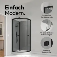 Marwell Dusche Komplett Marwell Komplettdusche Grey Style Round 215x90x90cm - Fertigdusche mit 5mm gehärtetem Glas - mit Regal Ablagefläche für - Hochwertige Aluminiumrahmen -