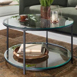 Kadima Design Couchtisch `Trebbia`: Glas-Metall Mix, 2 Ablagen, Marmoroptik, stabil. Transparent, 80x80x45 cm