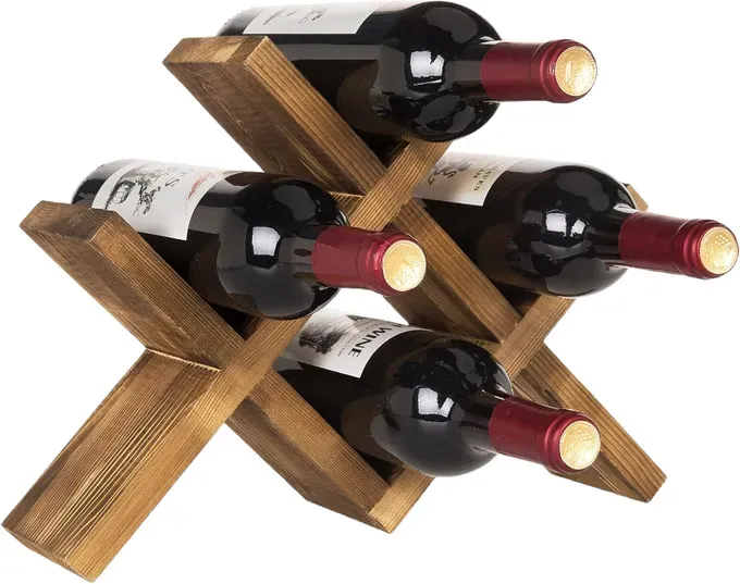 MyGift 4-Flaschen Weinregal aus rustikalem braunem Holz für die Arbeitsplatte - Gebürsteter Landhausstil, kompakte Aufbewahrung für Küche, Bar, Esszimmer (für 750ml Flaschen)