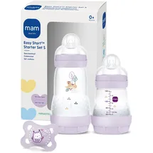 MAM Easy Start Anti-Colic Starter Set S, Baby Erstausstattung mit 2 Anti-Colic Flaschen (160 ml & 260 ml) inkl. Sauger Größe 1 und Schnuller, Baby Geschenk Set, ab der Geburt, lila