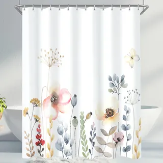 Lerores Duschvorhang 200x200 cm, Blumen Pflanze Beschwerter Saum Antischimmel Textil, Wasserabweisend, Waschbar Polyester Stoff Badevorhänge für Badezimmer, Badewanne mit 12 Duschvorhangringe
