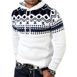 Reslad Strickpullover Reslad Herren Grobstrick Pullover Norweger Winter Kapuzenpullover (1-tlg) Strickpullover Männer Norwegermuster mit Kapuze weiß XL