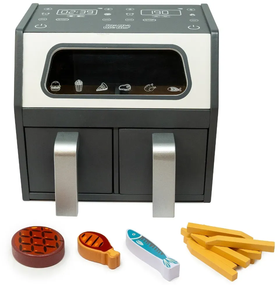 Spiel-Airfryer Holz 27 x 20 x 24,5 cm bunt Plexiglas-Display 2 Schubladen Spiel-Essen - mamamemo Airfryer Set