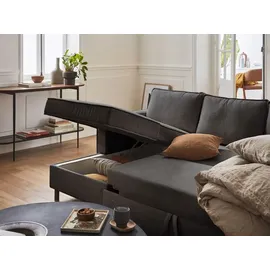 best mobilier Lisa Design Jake Wohnlandschaft U-Form, 7-Sitzer, mit Schlaffunktion und Bettkasten, aus Cord Dunkelgrau