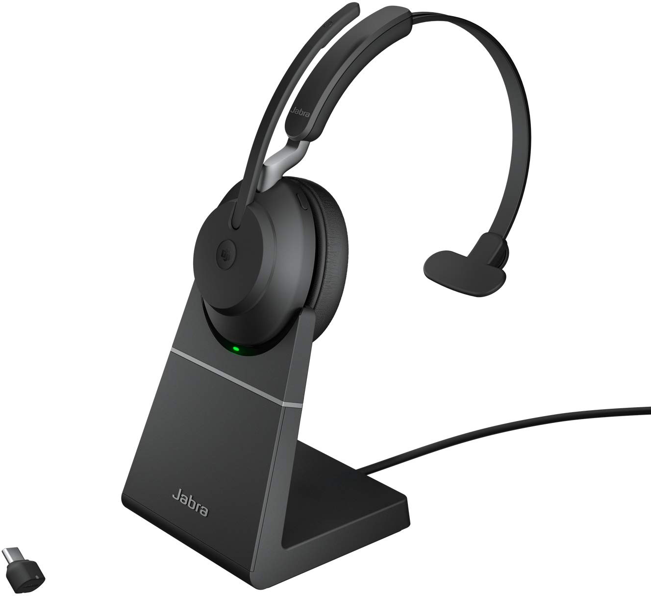Jabra Evolve2 65 Wireless PC Headset with Charging Stand – Noise Cancelling Microsoft Teams Certified Mono Headphones With Long-Lasting Battery – USB-C Bluetooth Adapter – Black