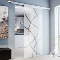 inova Glas-Schiebetür Komplettset 880 x 2035 mm Kreis Design 8 mm ESG Alu Lauf-schiene mit Quadratgriff + einseitiger Softclose