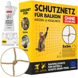 Konzept 11 - Katzennetz für Balkon Ohne Bohren Set 5x3M, Vogelabwehr Sicherheitsnetz für Fenster, Balkon, Katze, Starker Balkonnetz Vogelschutznetz Volierennetz