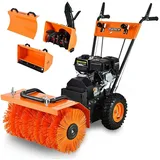 FUXTEC Benzin Kehrmaschine FX-KM196 mit Kehrbesen und 196cc Hubraum inklusive Schneeschieber, Schneefräsenaufsatz und Kehrgutsammelbehälter/Auffangbehälter