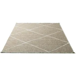 Teppich SANSIBAR "Braderup", beige, B:60cm H:2mm L:100cm, Schurwolle, Teppiche, Fransenteppich, Flachgewebe, modernes Scandi Design, Motiv Rauten, mit Fransen