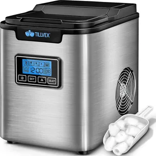 tillvex Eiswürfelmaschine Edelstahl Silber 12 kg - 24 h Eiswürfelbereiter mit Timer und 2,2 Liter Wassertank Ice-Maker LCD-Display & Selbstre... - Silber