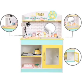 Teamson Kids Little Helper Holzhaustierspielständer Pretend Vet Clinic Spielzeugset für Katzen- und Hundespielzeug mit 19 Rollenspielzubehör Grün/Gelb TD-13636A