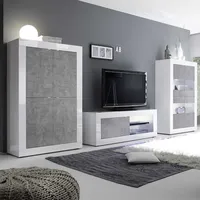 Design Wohnwand in Beton Grau und Weiß Hochglanz Metallgriffen (dreiteilig)