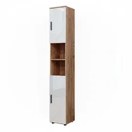Vicco Badschrank Irma Eiche Weiß Hochglanz modern 30x192 cm mit Türen und Offenen Fächern
