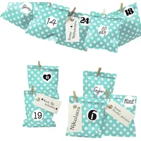 Frau WUNDERVoll® DIY Adventskalender Bescherung, Papiertueten flach 13x16,5cm, tuerkis Punkt, Ziffern schwarz-weiß