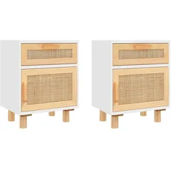 vidaXL Nachttische 2 Stk. Weiß Massivholz Kiefer und Natur-Rattan