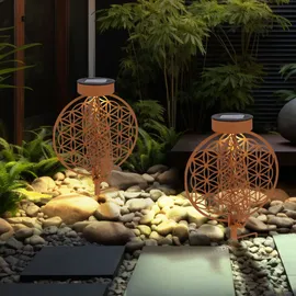 ETC Shop Solarkugel rost für Außen Solarleuchte rost Garten Solarlampe mit Erdspieß, Lichteffekt Muster Lebensblume, 1x LED warmweiß, DxH 20 x 31 cm