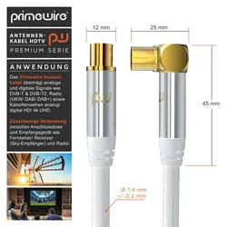 Primewire Antennenkabel gewinkelt - Koaxialkabel - Koax Kupplung 90° Winkel zu Stecker gerade - HDTV 75 Ohm - weiß - 5 m