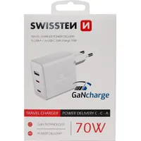 Swissten GaN Travel Charger USB-C 70W Power Delivery (70 W, Power Delivery), USB Ladegerät, Weiss