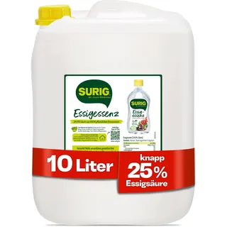 SURIG Essigessenz 10kg mit 25% Essigsäure | 100% pflanzlicher Essig zum Reinigen und Entkalken in Küche und Haushalt | Lebensmittelqualität zum Kochen und Einlegen | 10 Liter