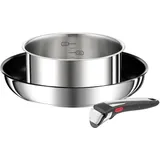 Tefal Ingenio Preference On L9748802 3-teiliges Pfannen-Set, Pfanne, abnehmbarer Griff, Induktion, Edelstahl, sichere Antihaftbeschichtung, stapelbar, spülmaschinenfest