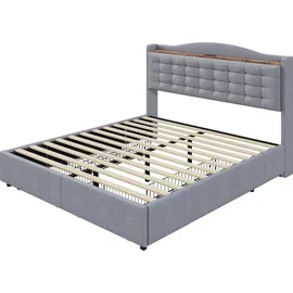 Flieks Polsterbett 160x200cm mit USB, Doppelbett Stauraumbett mit 4 Schubladen, Jugendbett mit Lattenrost, Funktionsbett Holzbett, Leinen, Hellgrau - Grau