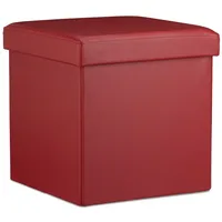 Relaxdays Faltbarer Sitzhocker, Sitzcube mit Stauraum, Fußablage, Sitzwürfel aus Kunstleder, HBT 38x38x38 cm, Dunkelrot