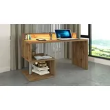 Dmora Schreibtisch Alain, Linearer Schreibtisch mit Ablagefächern und LED-Leuchten, mit Platte, 140x60h93 cm, Eiche