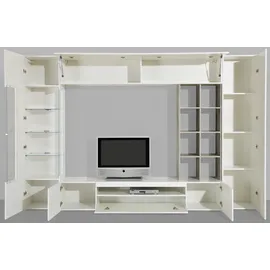 OTTO home Wohnwand OTTO HOME "New Egypt, Anbauwand, Medienwand, Wohnzimmerwand", weiß (weiß hochglanz lackiert, beton, optik matt), B:290cm H:190cm T:40cm, Glas, Holzwerkstoff, Kastenmöbel-Sets, Wohnwand, 2 Klappen,2 kleineTüren,2 große Türen,Regalaufsatz Breite