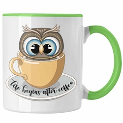 Trendation Tasse Trendation – Life Begins After Coffee Lustige Kaffeetasse für Kaffeeliebhaber Geschenk mit Spruch grün