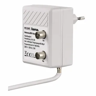 Hama 2-Fach TV Verteiler Antennen-Verstärker Audioverstärker (TV Verteil-Verstärker 2-Port Verstärker Splitter DVB-T2 Digital Kabel) weiß