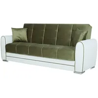 Dmora - 3-Sitzer Schlafsofa Luis, Sofa mit Stauraum aus Öko-Leder und Stoff, Wohnzimmersofa mit klick-Klack-Öffnung, 220 x 84 x 91 cm, Weiß und Grün