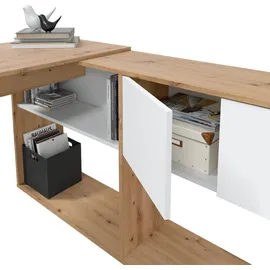 Dmora Schreibtisch Dmangn, Umkehrbarer Eckschreibtisch mit Bücherregal, Arbeits- oder Bürotisch mit mehreren Positionen, 108x70h140 cm, Weiße und