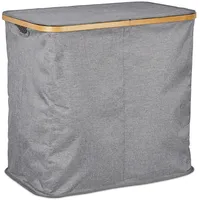 Relaxdays Wäschekorb mit Deckel, faltbarer Wäschesammler, Bambus & Stoff, Wäschesortierer mit 2 Fächern, 74 Liter, grau