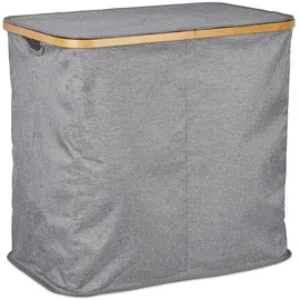 Relaxdays Wäschekorb mit Deckel, faltbarer Wäschesammler, Bambus & Stoff, Wäschesortierer mit 2 Fächern, 74 Liter, grau