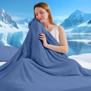 Marchpower Chenille Kühldecke 150 x 200cm, 2in1 doppelseitige Sommerdecke, Q-Max>0,5 mit Arc-Chill 3.0 Kühlfasern, mit Sofortiger Kühleffekt, Atmungsaktiv & Leicht für Sofa, Bett und Reise-Blau