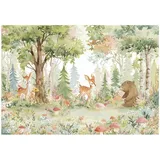 WallArena - Vlies Fototapete Kinderzimmer 400x280 cm Wald Tiere - Fototapeten Tapeten für Kinder Mädchen & Jungen - Kindertapete - Kinderzimmertapete Natur Tiere Blumen