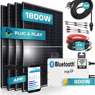 SUNNIVA® 1800W Balkonkraftwerk komplett Steckdose - FOX ESS Wechselrichter - PV Solaranlage Komplettset - 4x 450W (1800W) Solarmodule inkl. 5m Kabel Bluetooth, WIFI