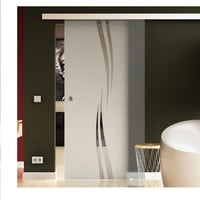 Made in Germany SoftClose Schiebetür aus Glas 650x2050 mm Wellen-Design (A) Sadora® SlimLine-System komplett Laufschiene und Muschelgriffen für Innenbereich ESG-Sicherheitsglas