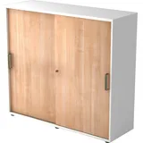 bümö Schiebetürenschrank "3OH" - Aktenschrank abschließbar, Sideboard Schrank mit Schiebetüren in Weiß/Nussbaum - Büroschrank aus Holz mit