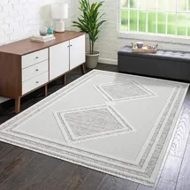 Carpet City Teppich Kurzflor Wohnzimmer - Grau, Beige - 160x230 cm - Teppiche Fransen Boho-Style - Raute-Optik - Schlafzimmer, Esszimmer