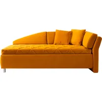 Schlafsofa ALINA "Lindsay" Sofas Gr. B/H/T: 223cm x 80cm x 112cm, Samtstoff TSV, Armlehne rechts, Armlehne rechts, gelb (ocker tsv 5) Bettkasten, Zierkissen-Set aus: 2 Stk. 40x40cm, 1 30x30cm